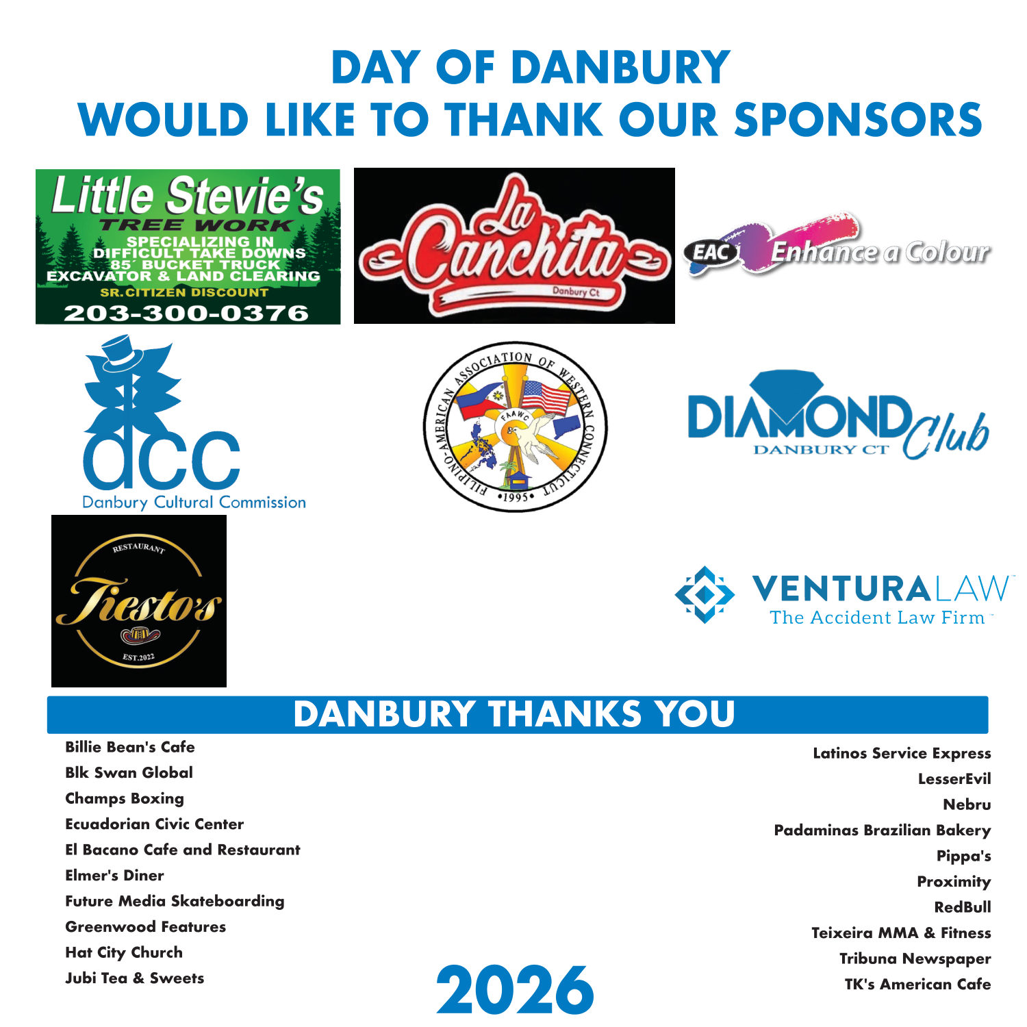 Day of Danbury sponsor thank-you banner — a 6 by 6 foot printout displayed on CityCenter Danbury Green, listing all event sponsors